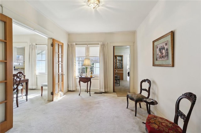 sitting room with ornamental molding and light colored carpet