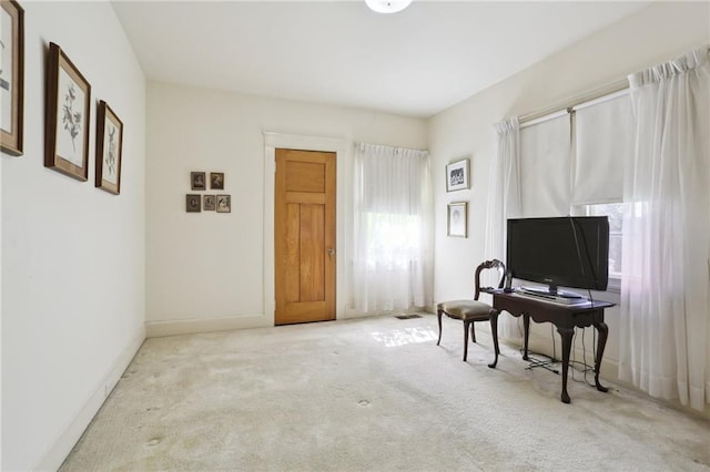 living area with carpet and baseboards