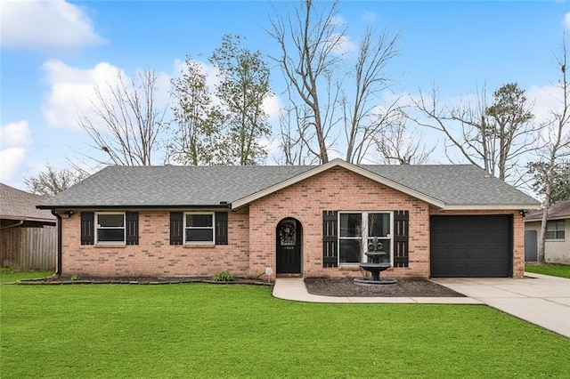 single story home with a front lawn, concrete driveway, and brick siding