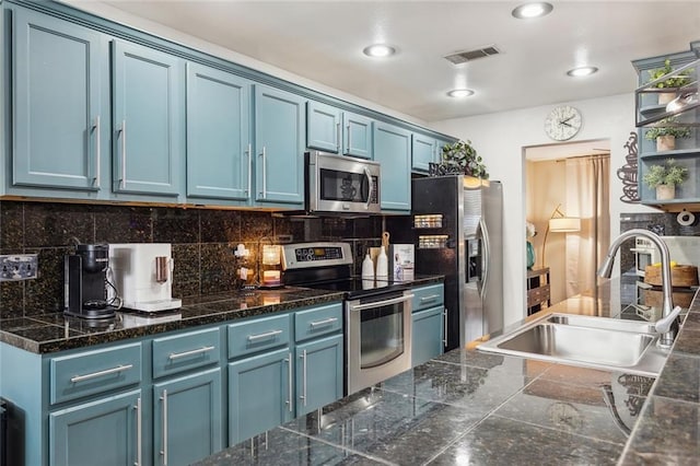 kitchen with stainless steel appliances, a sink, visible vents, and blue cabinets