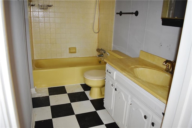 bathroom with shower / bathtub combination, vanity, toilet, and tile patterned floors