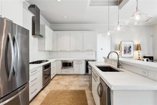 kitchen with stainless steel appliances, crown molding, wall chimney range hood, and a sink