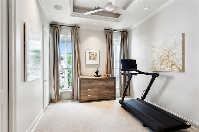 exercise room featuring visible vents, baseboards, ceiling fan, light colored carpet, and ornamental molding