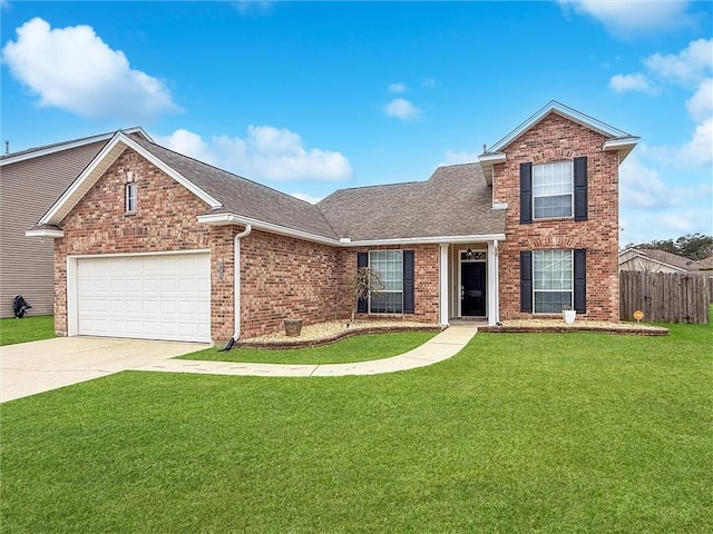 traditional-style home with brick siding, concrete driveway, fence, a garage, and a front lawn