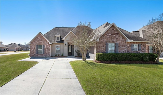 view of front facade with driveway, brick siding, and a front yard