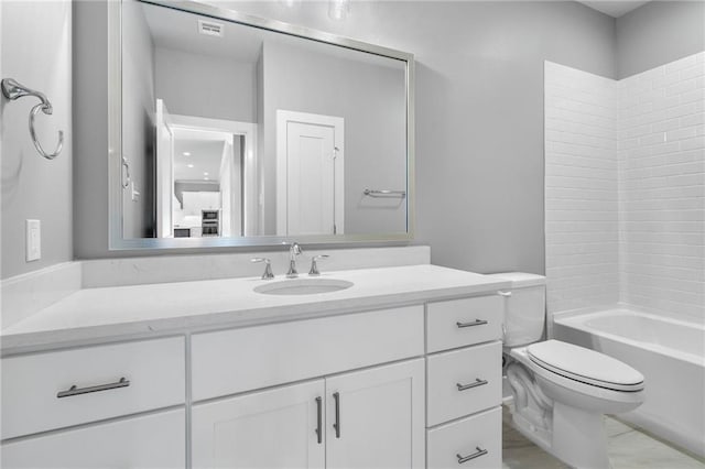 full bath with toilet, visible vents, vanity, and bathtub / shower combination