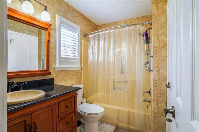 full bathroom featuring a textured ceiling, tile patterned flooring, toilet, shower / tub combo, and vanity