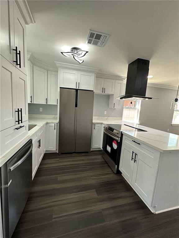 kitchen featuring visible vents, white cabinets, a peninsula, island exhaust hood, and stainless steel appliances