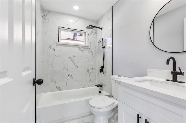 full bathroom featuring toilet,  shower combination, marble finish floor, vanity, and recessed lighting