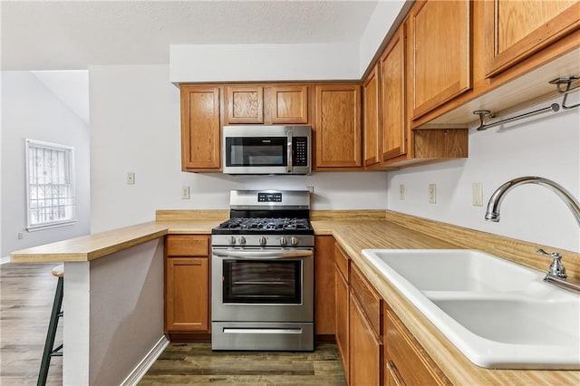 kitchen with appliances with stainless steel finishes, light countertops, a sink, and a peninsula