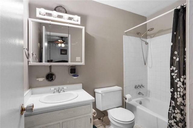 full bath featuring toilet, shower / bath combo, a ceiling fan, and vanity