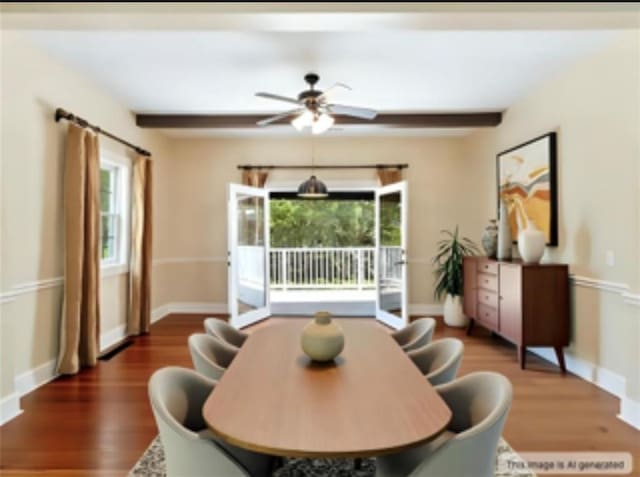 dining space with ceiling fan, baseboards, beamed ceiling, and wood finished floors