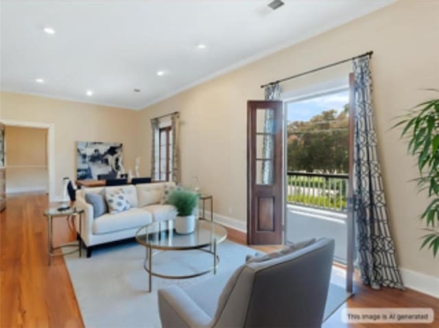 living room featuring recessed lighting, baseboards, and wood finished floors