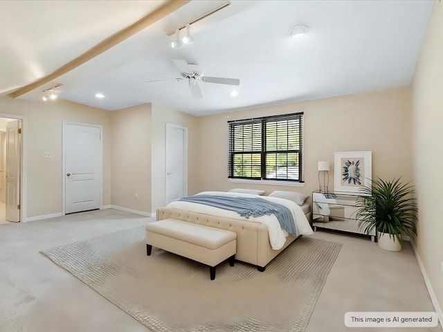 303 Lamarque St, Mandeville, LA 70448 - bedroom featuring baseboards, track lighting, a ceiling fan, light carpet, and beam ceiling