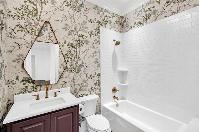 full bath featuring shower / washtub combination, toilet, ornamental molding, vanity, and wallpapered walls