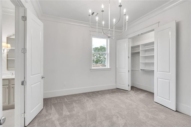 unfurnished bedroom featuring baseboards, carpet floors, visible vents, and crown molding