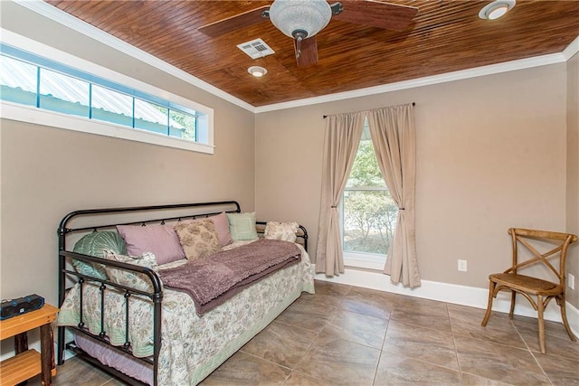 bedroom with wood ceiling, multiple windows, visible vents, and crown molding