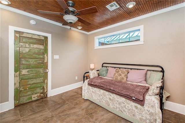 bedroom featuring wooden ceiling, visible vents, and crown molding