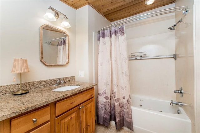 bathroom featuring shower / tub combo, wooden ceiling, tile patterned flooring, and vanity