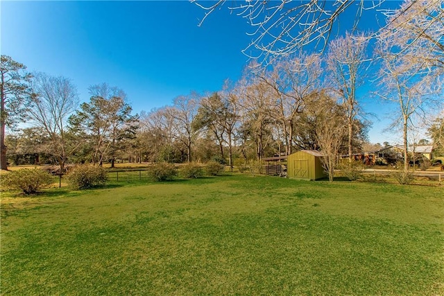 view of yard with a shed, an outdoor structure, and fence