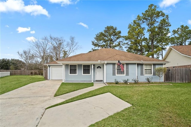 ranch-style home with a garage, driveway, a front yard, and fence