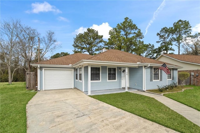 ranch-style home with roof with shingles, concrete driveway, an attached garage, a front yard, and fence