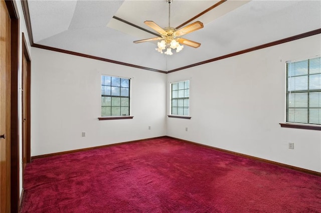 unfurnished room featuring carpet floors, baseboards, and ornamental molding