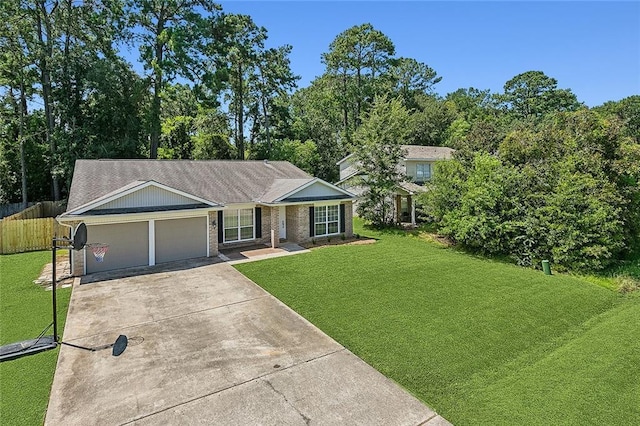 view of front of house with a garage, brick siding, fence, driveway, and a front lawn