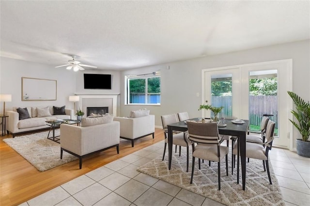 dining room with light wood-style floors, a glass covered fireplace, and a healthy amount of sunlight