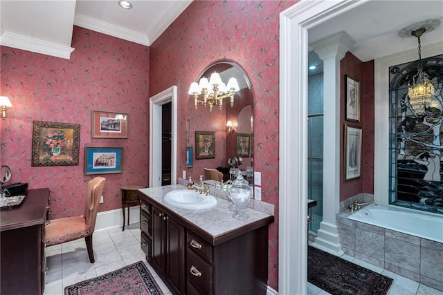 full bath featuring wallpapered walls, decorative columns, crown molding, vanity, and a notable chandelier