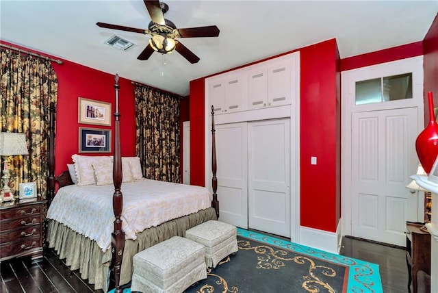 bedroom with ceiling fan, a closet, visible vents, and baseboards