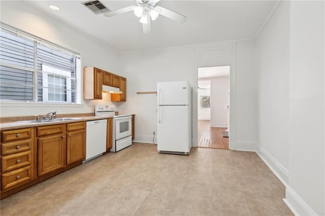 kitchen featuring a wealth of natural light, visible vents, a sink, white appliances, and under cabinet range hood