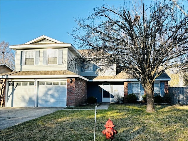 traditional-style home featuring an attached garage, brick siding, driveway, and a front lawn