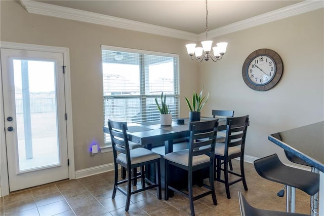 tiled dining room with baseboards, an inviting chandelier, and crown molding