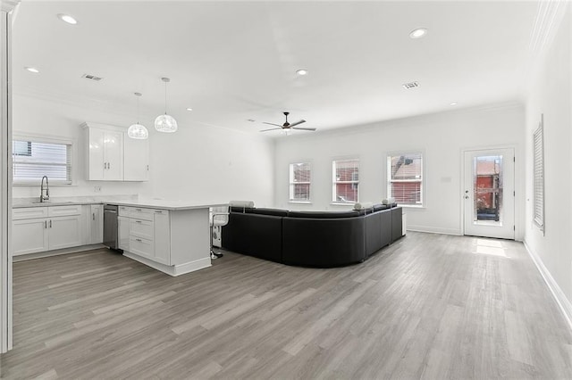 unfurnished living room with light wood-type flooring, a wealth of natural light, and crown molding