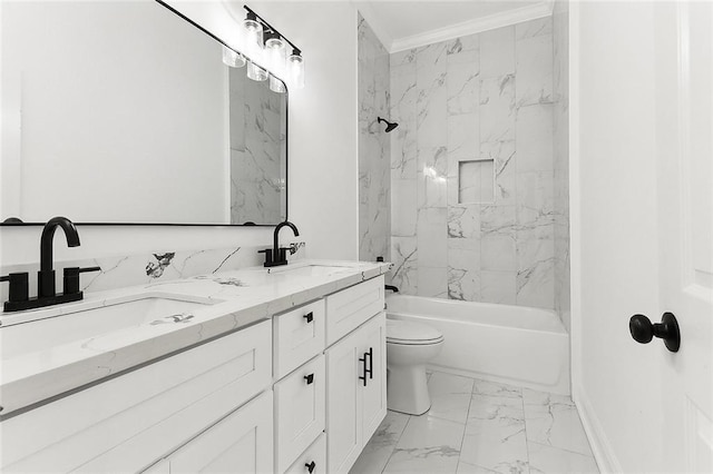 bathroom featuring marble finish floor, a sink, toilet, and crown molding