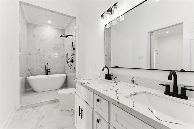 bathroom with marble finish floor, a sink, a marble finish shower, and toilet