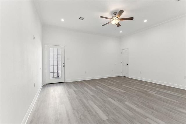 unfurnished room featuring baseboards, visible vents, a ceiling fan, wood finished floors, and recessed lighting