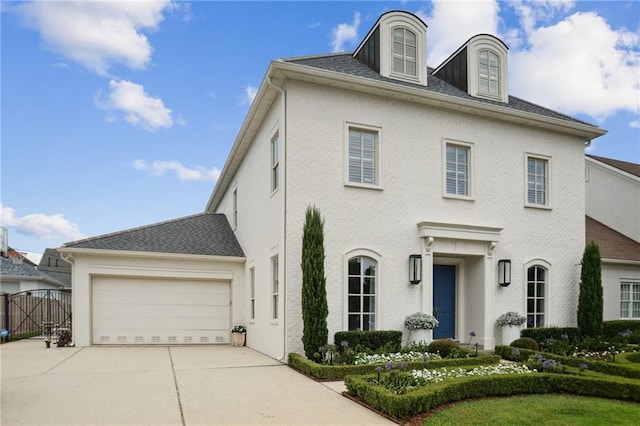 colonial house with concrete driveway, a gate, a garage, and roof with shingles