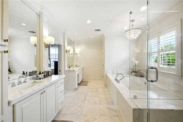 full bath with visible vents, a garden tub, a stall shower, ornamental molding, and a sink