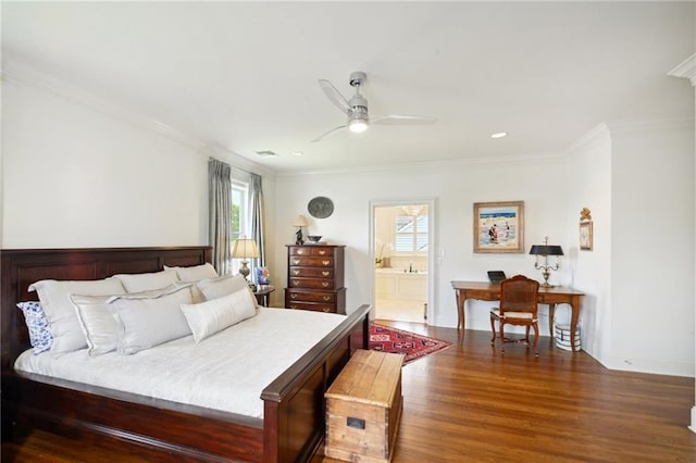 bedroom featuring visible vents, ornamental molding, wood finished floors, recessed lighting, and baseboards