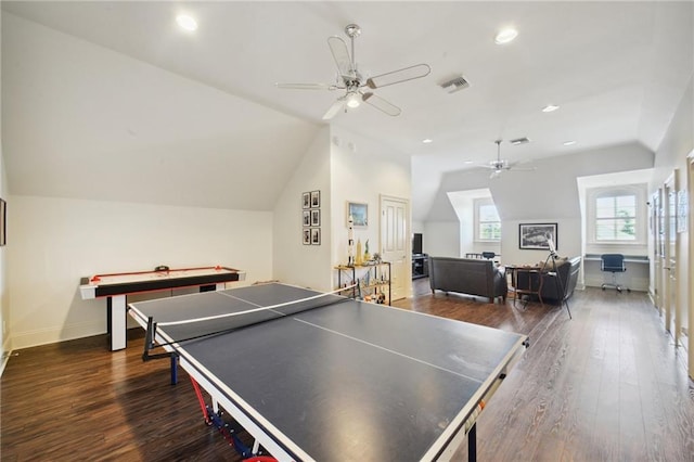 playroom featuring visible vents, dark wood finished floors, vaulted ceiling, recessed lighting, and a ceiling fan