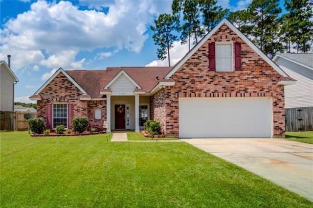 view of front of house featuring concrete driveway, a front lawn, fence, and brick siding