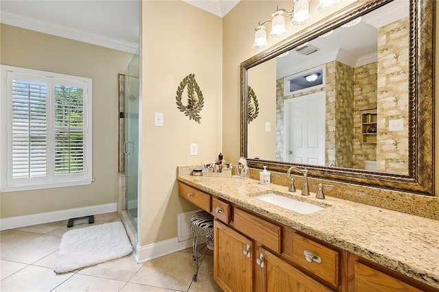 bathroom featuring tile patterned floors, visible vents, ornamental molding, a shower stall, and vanity