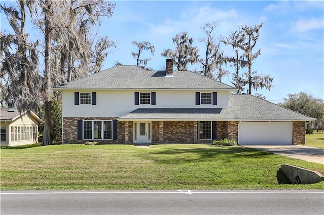 traditional-style house featuring brick siding, a chimney, concrete driveway, an attached garage, and a front yard