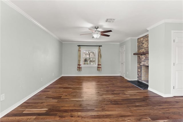 unfurnished living room featuring a brick fireplace, wood finished floors, visible vents, and a ceiling fan