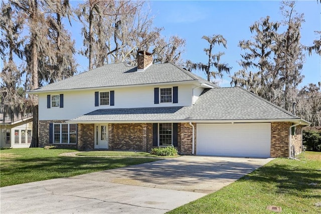 traditional-style house with a garage, brick siding, concrete driveway, a chimney, and a front yard