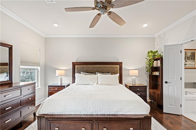 bedroom featuring crown molding, dark wood finished floors, recessed lighting, ceiling fan, and baseboards