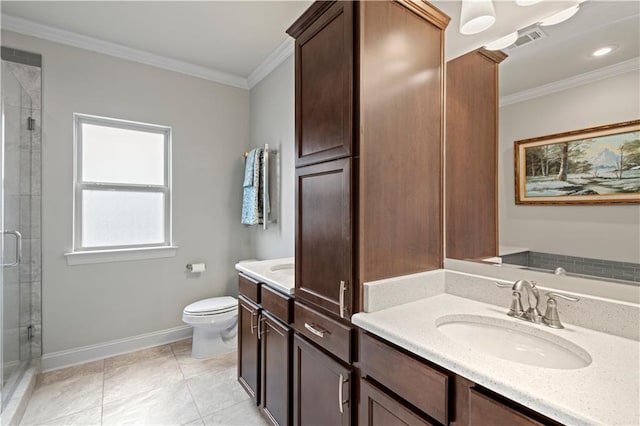 bathroom with a stall shower, baseboards, toilet, crown molding, and vanity