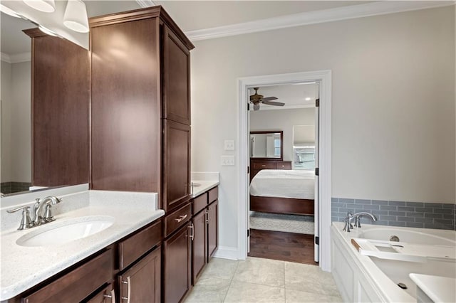 ensuite bathroom featuring a garden tub, tile patterned flooring, connected bathroom, a ceiling fan, and crown molding